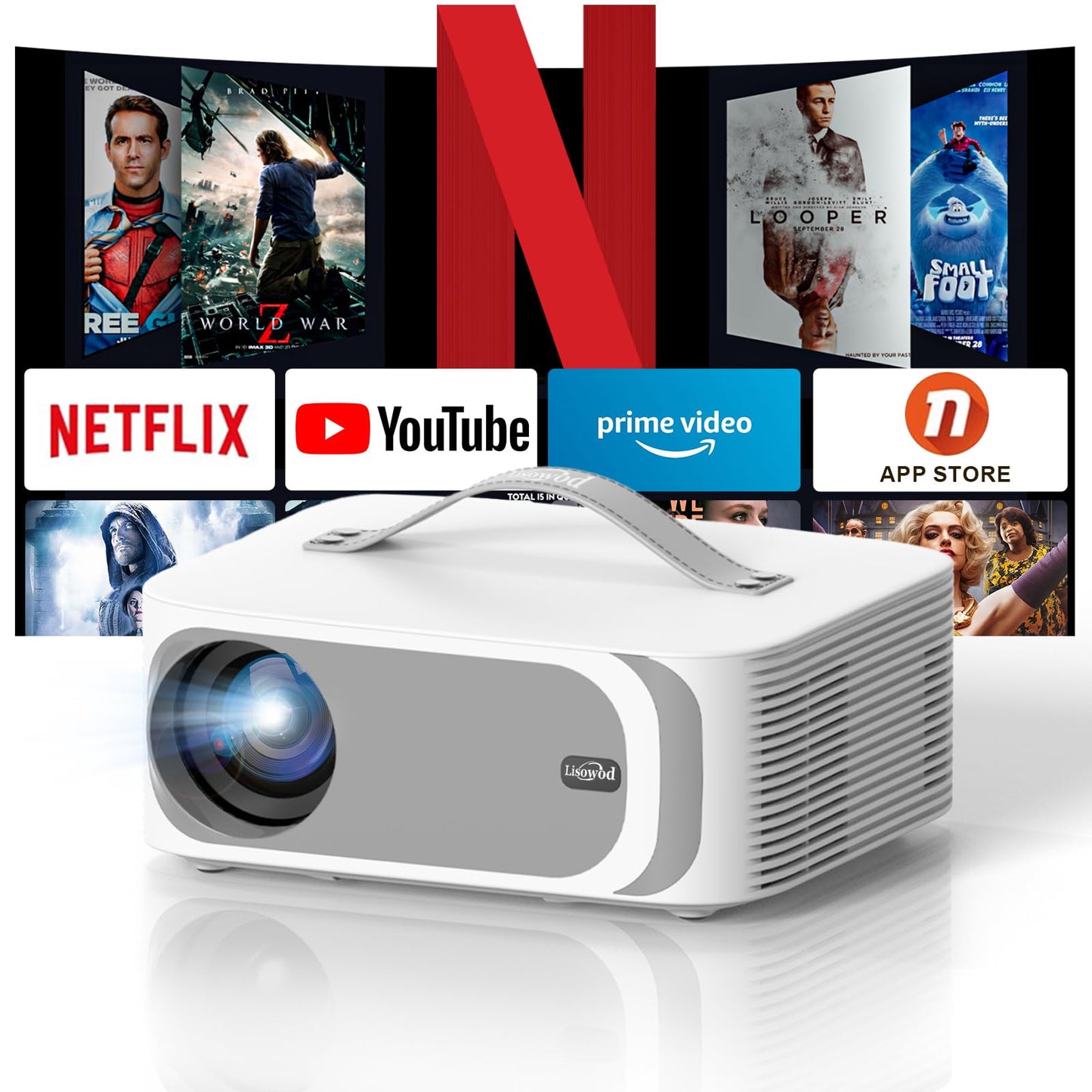 Lisowod 4K Smart Projector – Netflix-Licensed, 1000 ANSI, WiFi 6, Dolby Audio, Electric Focus