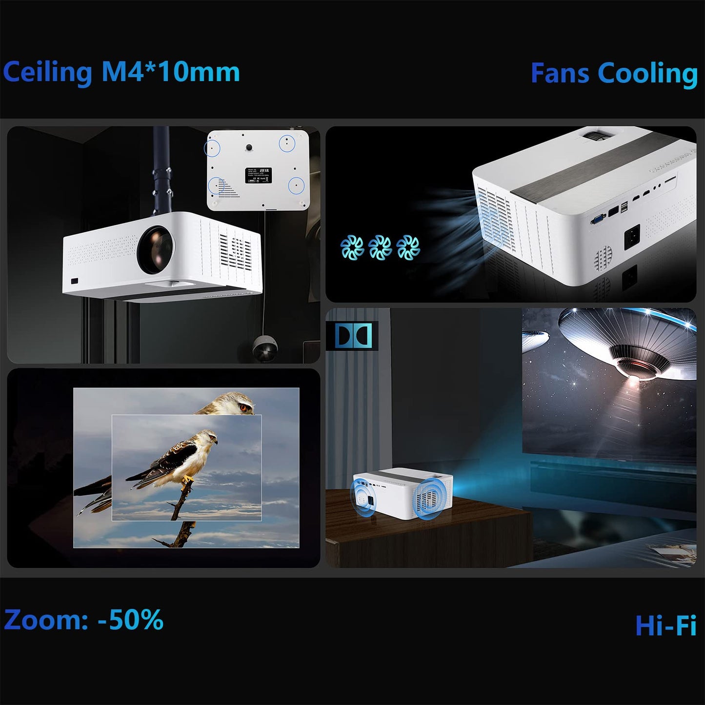 JIFAR 4K Projector – 1100 ANSI, 5G WiFi, Bluetooth, 450” Display, Dolby Audio, Zoom, Keystone