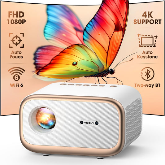 VIZONY 1080P Mini Projector – 450 ANSI, 4K Support, Auto Focus, WiFi, Bluetooth, Portable