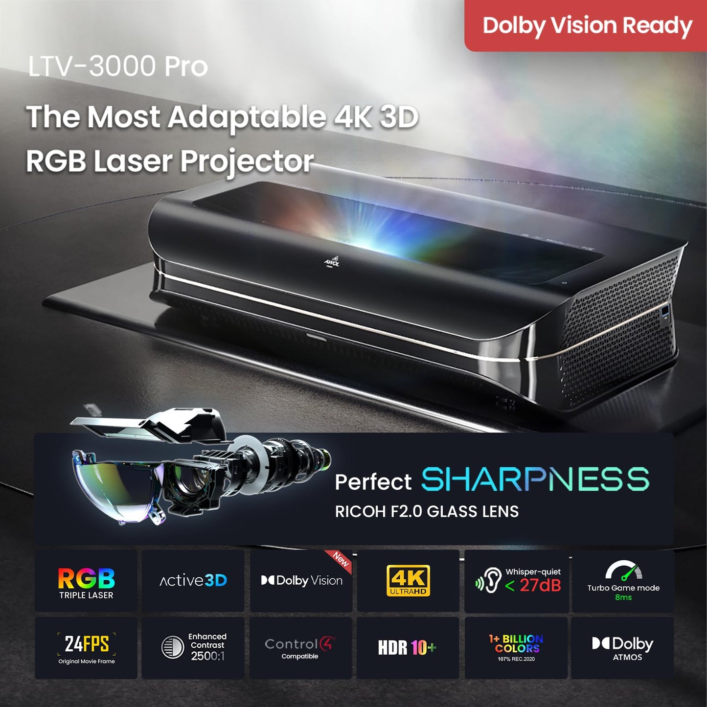 AWOL VISION LTV-3000 Pro 4K UST Laser Projector – 3D, Dolby Vision & Atmos, HDR10+, 150” Display