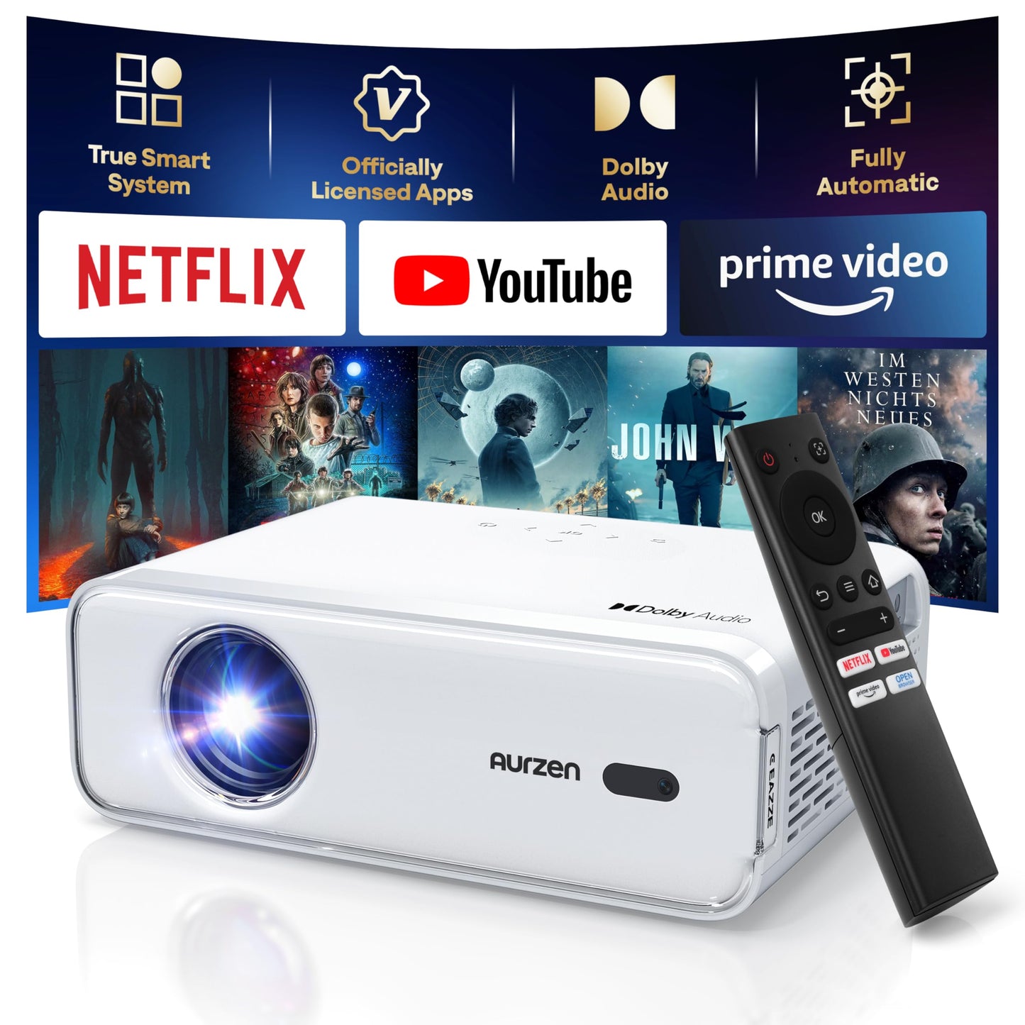 Aurzen EAZZE D1 Smart Projector – 1080P, Netflix Official, Auto Focus, WiFi, Bluetooth, Dolby Audio