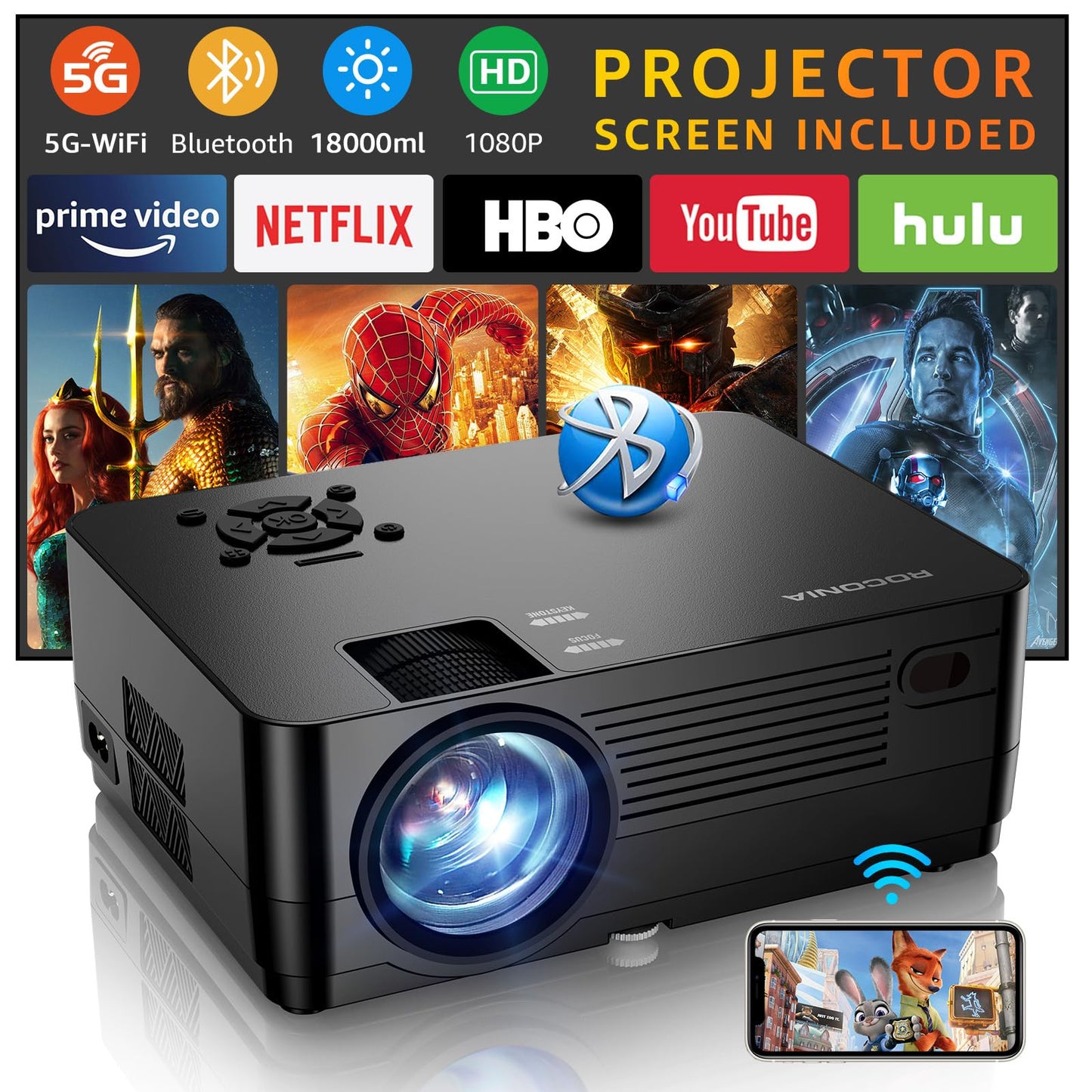 Native 1080P Projector – 5G WiFi, Bluetooth, 18000LM, 300” Display, 4K Support, Screen Included